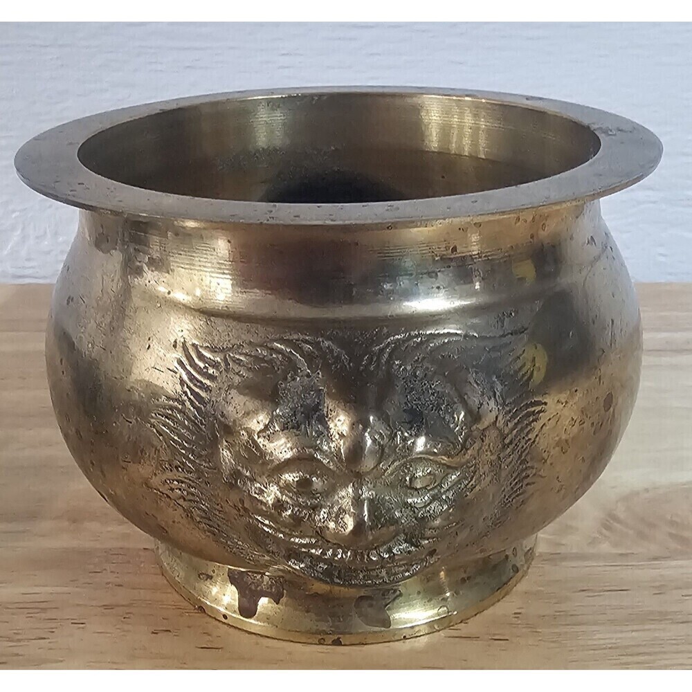 Vtg Solid Brass Foo Dog Lion Head Asian Cauldron Censer Incense Planter Heavy - Picture 4 of 13